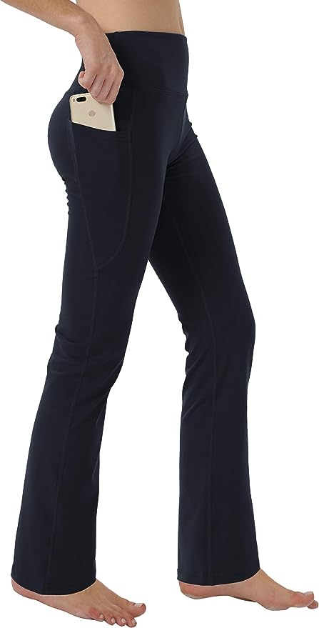 Keolorn Women's Bootleg Yoga Pants with Hidden Pockets Tummy Control Running Legging Long Bootcut