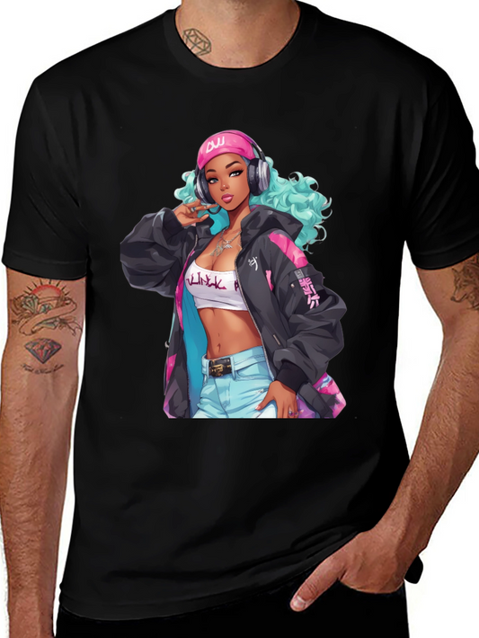 Anime Girl Graphic Tee - Black Cotton Comfort